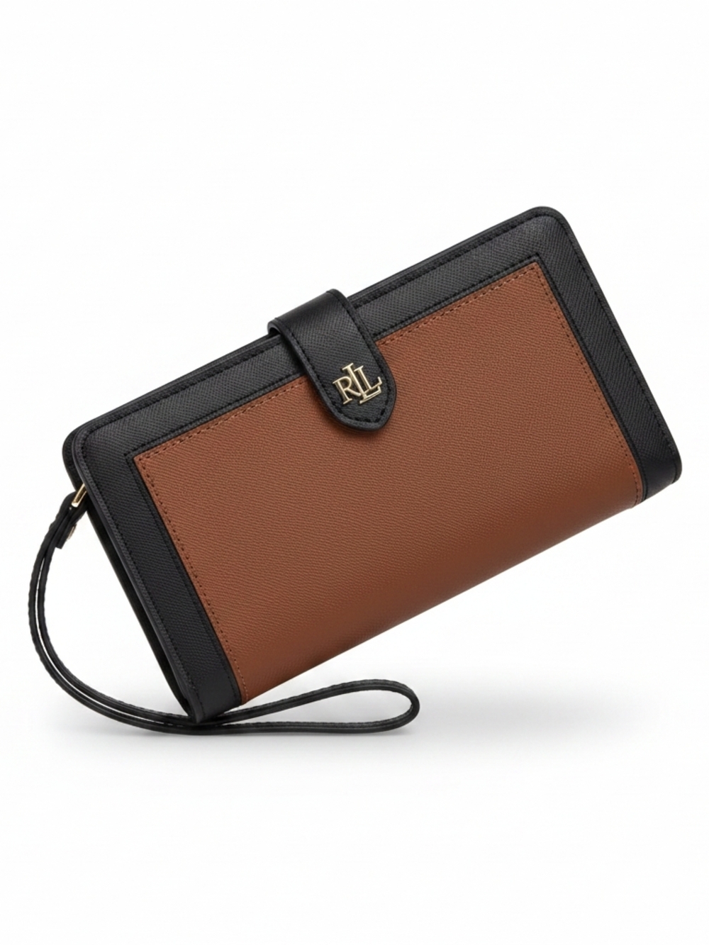 Lauren Ralph Lauren Leather Wristlet Wallet Brown Navy LRL Zip Clutch New With T
